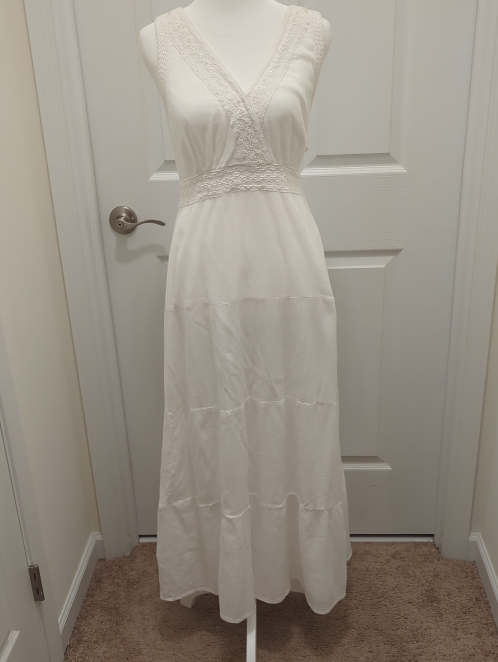 Sleeveless Ivory Maxi Dress with Lace V-Neck